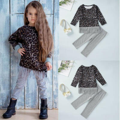 

2PCS Childrens Clothing Girls Leopard Tassel Dress T-shirt Top Trouser Suit