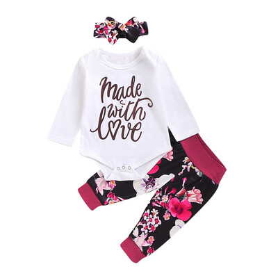 

Autumn Baby Girl Suit Comfortable Long Sleeve Letter Print Romper Tops Floral Trousers Headband Outfits Clothes For Baby Girl