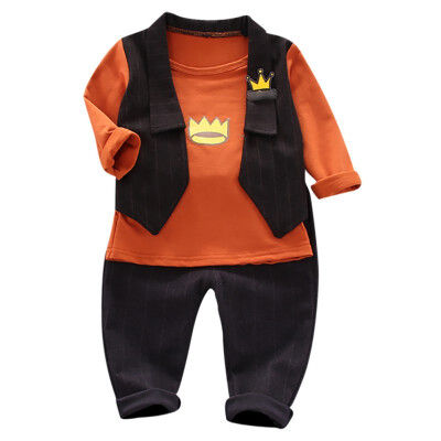 

Autumn Children Baby Boys Casual Long Sleeve Crown Pattern Fake 2 Piece TopsPants Set