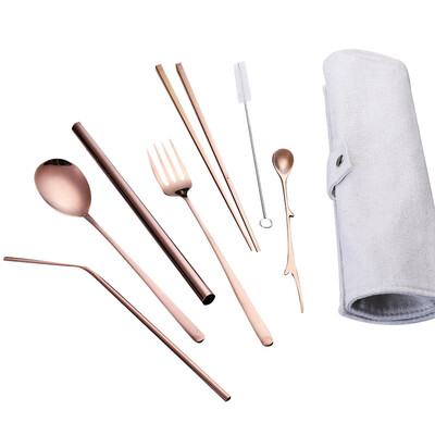 

Stainless Steel Straw Set With Cleaning Brush Straw Set Reusable Tableware Travel Set With Fork Spoon Chopsticks