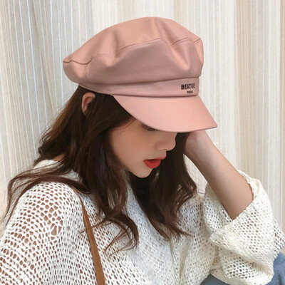 

Japanese leather letter octagonal Hat FallWinter Military Hat Female British Leisure Painter Hat Retro Lin Shanshan Newsboy Hat