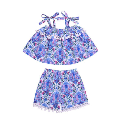 

2PcsSet Summer Baby Girls Striped Floral Pattern Strap Tops T-shirtShorts With Tassel Design Suits Casual Costume Set