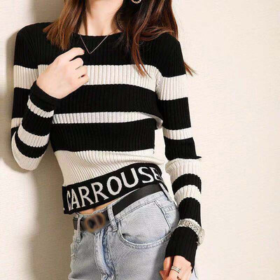 

Autumn Winter New Slim Striped Letter Pattern Crop Sweater Korean Style Round Neck Long Sleeve Women Knit T-shirt