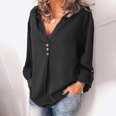 

Plus Size Women Blouses Autumn Fashion Solid Color Casual V-neck Pleated Button Long Sleeve Loose Chiffon Shirt Clothes