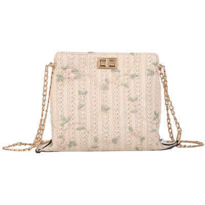 

Women Summer Beach Flower Embroidery Weave Chain Crossbody Shoulder Straw Bag