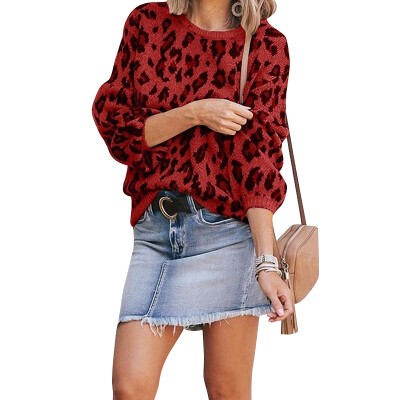 

Womens Lantern Sleeve Camouflage Leopard Sweater 2019 New Jacquard Fashion Round Neck Solid Color Sweater