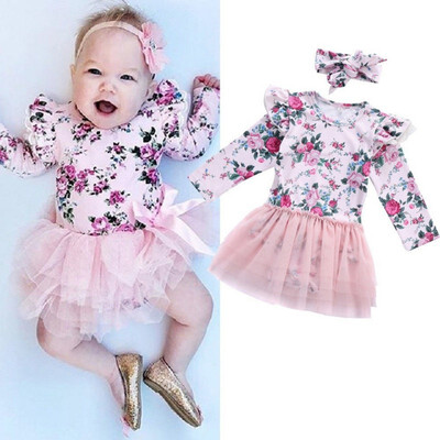 

Newborn Baby Girls Floral Print Long Sleeve Lace Design Mesh Rompers Dress With Headband