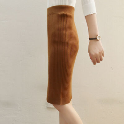 

Women Autumn Winter Knit High Waist Step Skirt Paragraph Bag Hip Step Solid Color Skirt