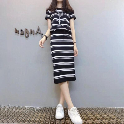

2 piece set knitted Women short sleeve o-neck top skirts for female tops Skirts two pieces sets womens suits Elegant Striped