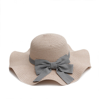 

Straw hat female Korean Sun Hat female summer Hat Plaid Bow Sun UV travel beach hat