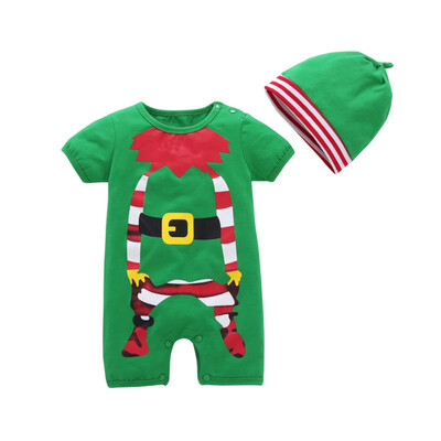 

Summer Newborn Baby Short Sleeve Cotton Rompers Sets Cute Chirstmas Style Cartoon Printing Comfortable RompersHat Two-piece Set