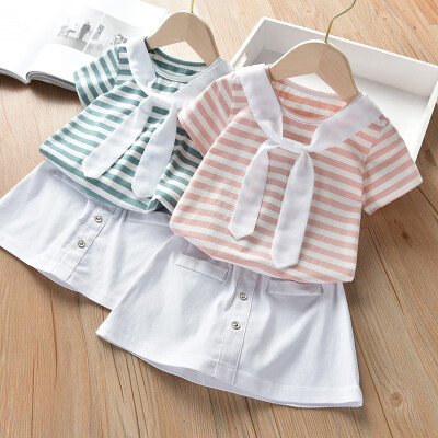 

Summer Baby Girl Short Sleeve Cotton Striped Print T-shirt Blouse Skirts Casual Outfits Set