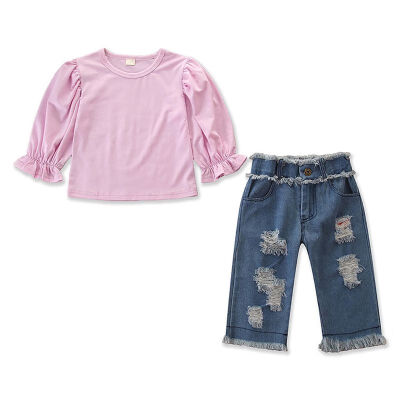 

Baby Girl Clothes lantern Sleeve Solid Color Tophole Denim pants Kids Clothes Spring Autumn 2Pcs Girls Clothing Set