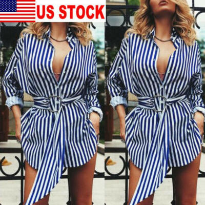 

US Sexy Women Long Sleeve Button Top Shirt Stripe Blouse Fomal Belted Casual Top