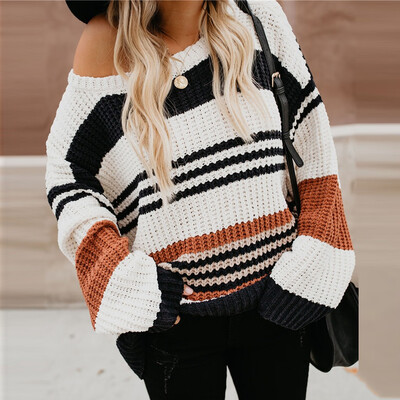 

Tailored Womens Long Sleeve O Neck Striped Color Block Casual Loose Knitted Pullover