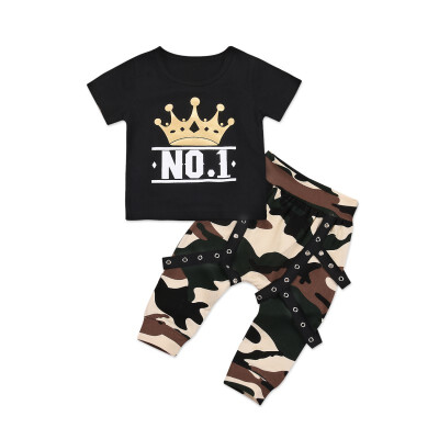 

Hot Selling Boy Clothes Set Fashion Number One Crown Print TopsCamouflage Pants 2pcs Suit New Arrival