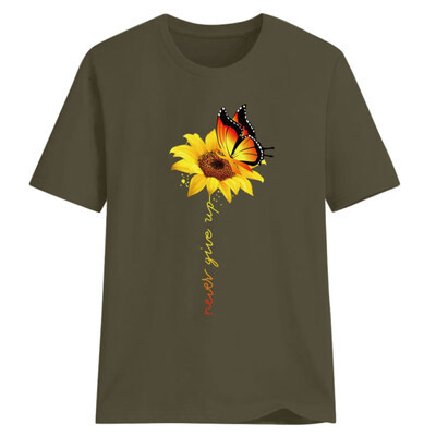 

Never Give Up Letter Butterfly Sunflower Short Sleeve T-Shirt Women Summer Top