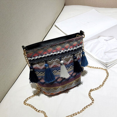 

Women Tassels National Bucket Bags Embroiderd Bohemian Summer Shoulder Bag Crossbody Bags Fashion Chains Handbag