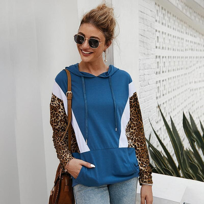 

Women Loose Hoodies Hooded Sweatshirt Drawstring Leopard Splicing Pocket Front Autumn Spring Pullovers Casual Tops Outwear