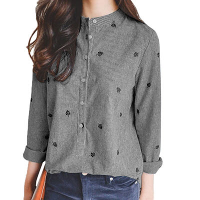 

Autumn Women Blouses Leaves Embroidery Long Sleeve Shirts Female Ladies Casual Shirt Tops Stripes Blusas Blouse