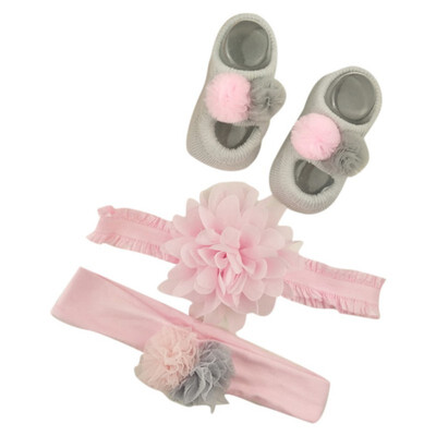

Newborn Baby Cartoon Bowknot Flower Design Cotton Socks With Hairband Photography Props Set