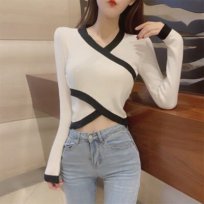 

Autumn Women V Collar Cross Fashion Korean Sweet Slim Sweater Solid Color Loose Long-sleeved Knitted Sexy Jumpers