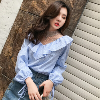 

Long Yue womens 2019 spring new long-sleeved shirt female lace bottoming shirt Korean chiffon shirt LWCC191405 blue M