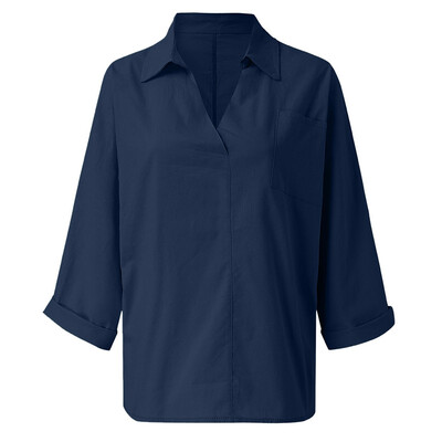 

Womens Blouse V-Neck Cotton Solid Color Loose Comfortable Autumn Plus Size Long-sleeved Pocket Casual blusas mujer de moda