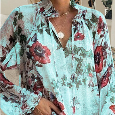 

Women Blouses Flower Leaf print Fashion Ladies Chic V Neck Casual Long Sleeve Shirt Tops Ladies Blouse blusas mujer de moda 2019