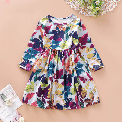 

Children Girls Clothing Maple Leaf Printed Soft Cotton Dress Long Sleeve Round Collar Casual Dress Spring Autumn Wears 2-7Y