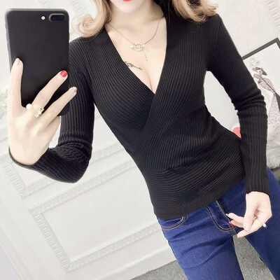 

Hot 2018 Winter Autumn Spring Slim Long Sleeve Knitted Sweater Sexy V-Neck Women Sweaters 9 Color Fashion Pullover Pull Femme