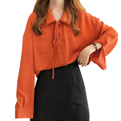 

Autumn Solid Color Basic Shirts Blouses Loose Casual Long-sleeved Blouse Korean Style Lace-up Womens Shirt