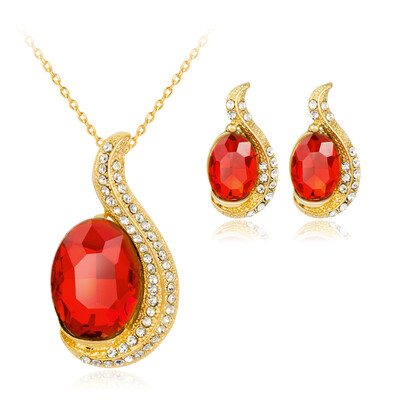 

Women Retro Rectangle Red Ruby Big Stone Stud Earring Jewelry Set