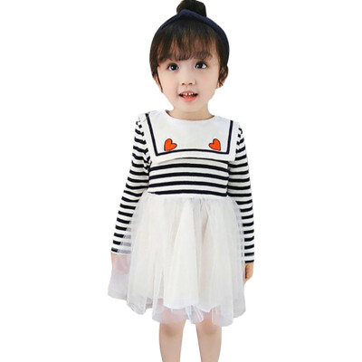 

Autumn Casual Cute Little Baby Girls Striped Pattern Long Sleeve Patchwork Mesh Dress Kids Sundress