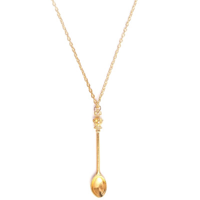 

Creative Vintage Crown Gold Mini Tea Spoon Royal Festival Long Pendant Necklace