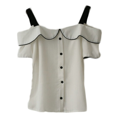 

Summer Style Solid Blouse Shirts Sexy Slash Neck Short Sleeve Blouse Casual Loose Button Tops Cute Ruffled White Shirt