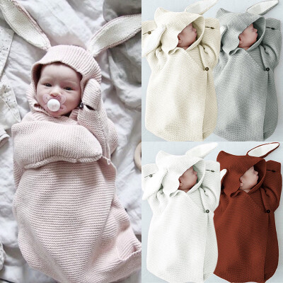 

Newborn Baby Knitting Hooded Swaddle Rompers Bunny Ear Wraparound Sleeping Bag Swaddling Blanket