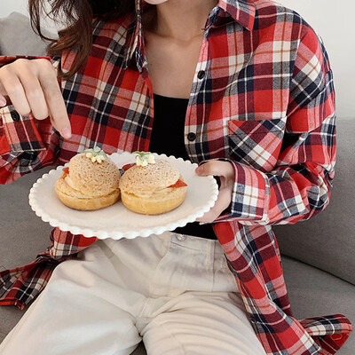 

Women Vintage Plaid Print Lapel Shirt Loose Single-breasted Long Sleeve Elegant Blouse