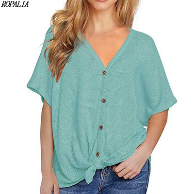 

Summer Batwing Short-sleeved Knit T-Shirts V-neck Hem Twisted Button Top Fashion Novel Womens Clothing