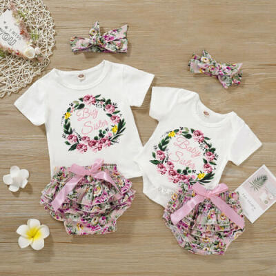 

AU Toddler Baby Girl Sisters Clothes T-shirt Romper Short Pants Headband Outfits
