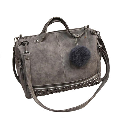 

Vintage Women Rivets Pompon Pendant Faux Leather Tote Crossbody Shoulder Bag