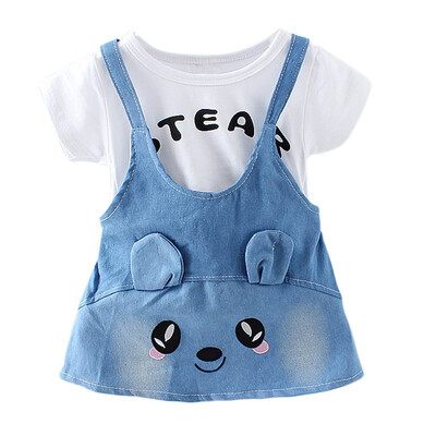 

2018 Summer 1-4T Newly Fashion Baby Girls Cute Dress Girls Short-sleeved Cowboy Cartoon Strap Fake 2 Pieces Baby Girl Dresses