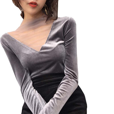 

Women Sexy V Neck T Shirt Mesh Stitching Long Sleeve T-Shirt Korean Style Fashion Solid Top