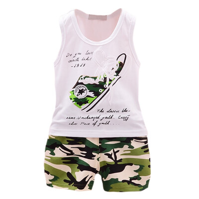 

2PcsSet Summer Baby Boys SleevelessCotton Camouflage Shoes Print Tops Blouse VestShorts Casual Outfits Sets