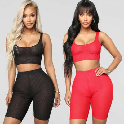 

Sexy Women 2 piece Playsuit Bodysuit Romper Set Sleeveless Crop Top Tank Shorts