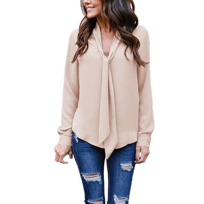 

2018 spring new women clothing long-sleeved bow tie shirt Korean loose chiffon shirt women solid color blouse