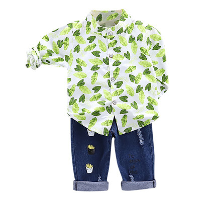 

Autumn Children Baby Boys Casual Long Sleeve Leaves Pattern Shirt TopsDenim Trouser Set