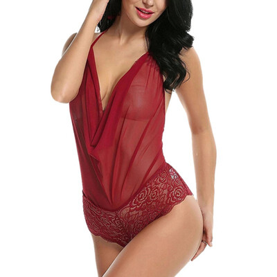 

Female Sexy See-through Lace Bodysuit V Neck Halter Lace-up Backless Solid Color Bandage Teddies Women Porno Costumes Lingerie