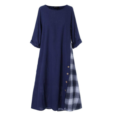 

Women Autumn Casual Dress Long Sleeve Round Neck Loose Casual Plaid Print Stitching Ethnic Dress