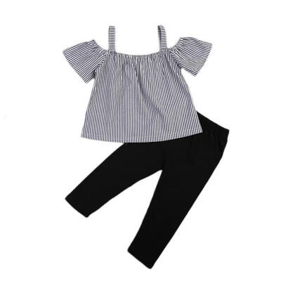 

Baby Girl Off Shoulder Tops T-Shirt Striped Print Pants 2PCs Outfits Kid Casual